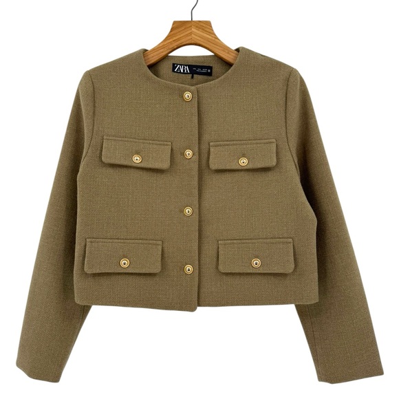 Zara Cropped Flap Jacket in Olive Green Size L - Picture 1 of 11